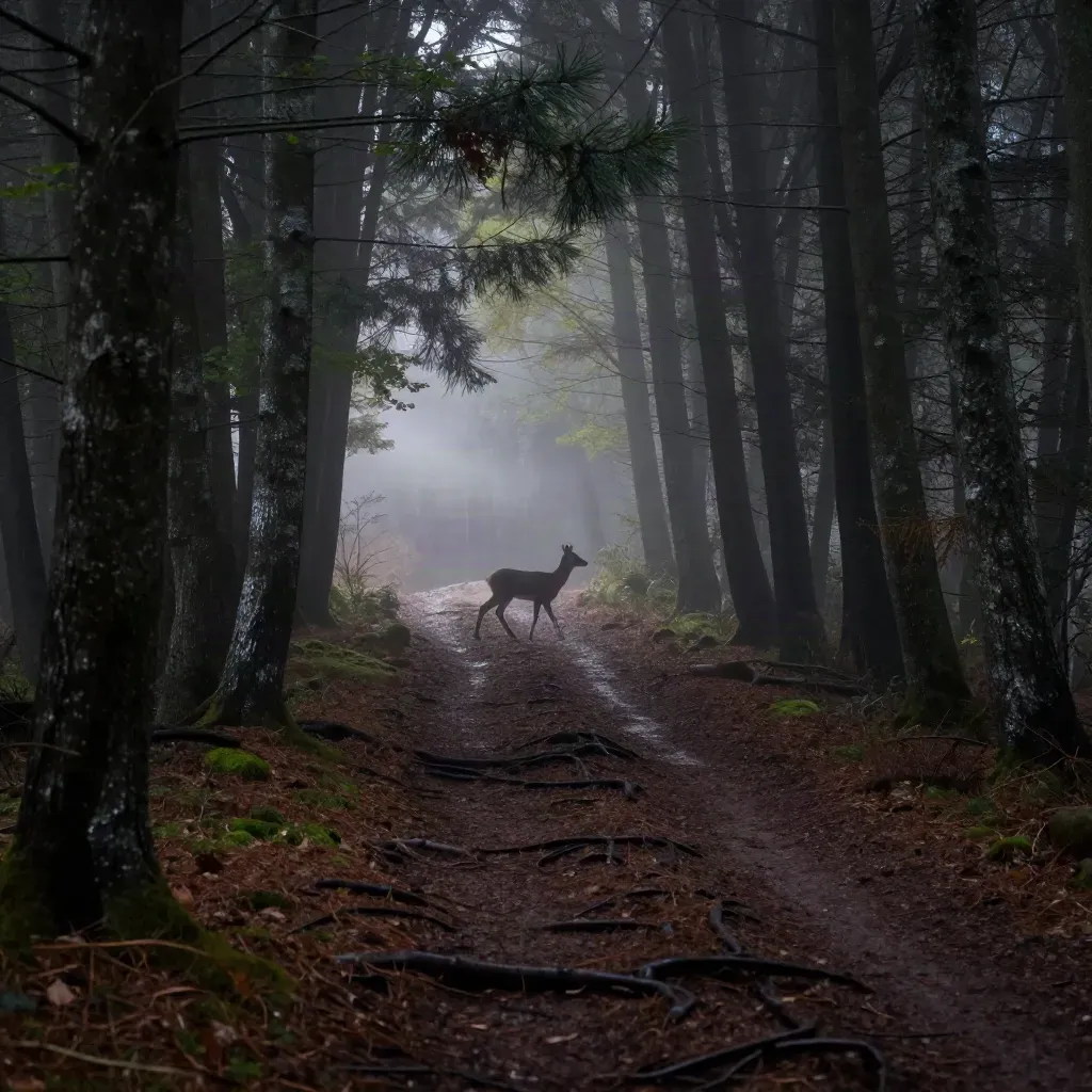 Bosco notturno con cervo in controluce tra la foschia lungo un sentiero stretto.