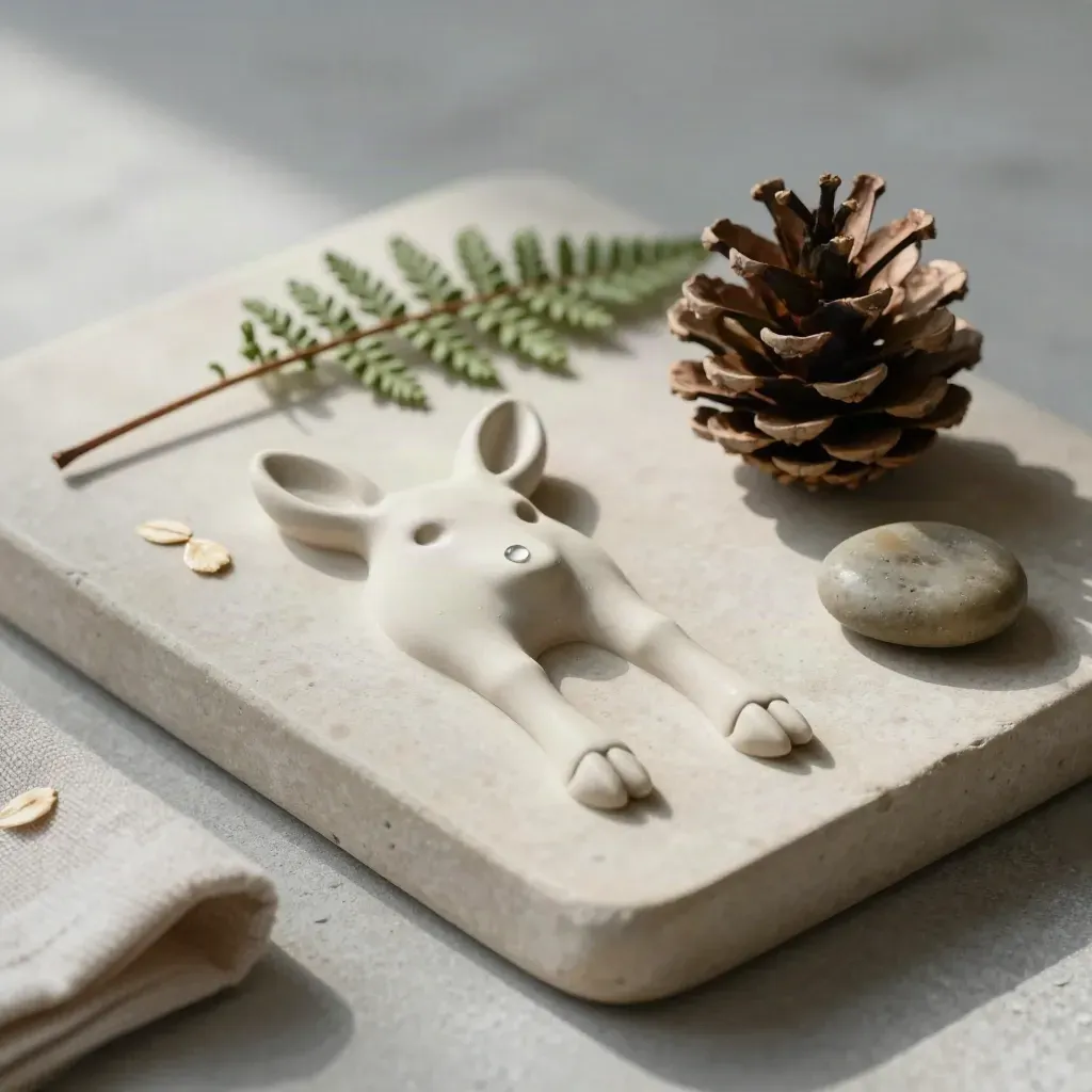 Impronta di cervo su vassoio ceramico con pigna, felce secca e ciottolo.