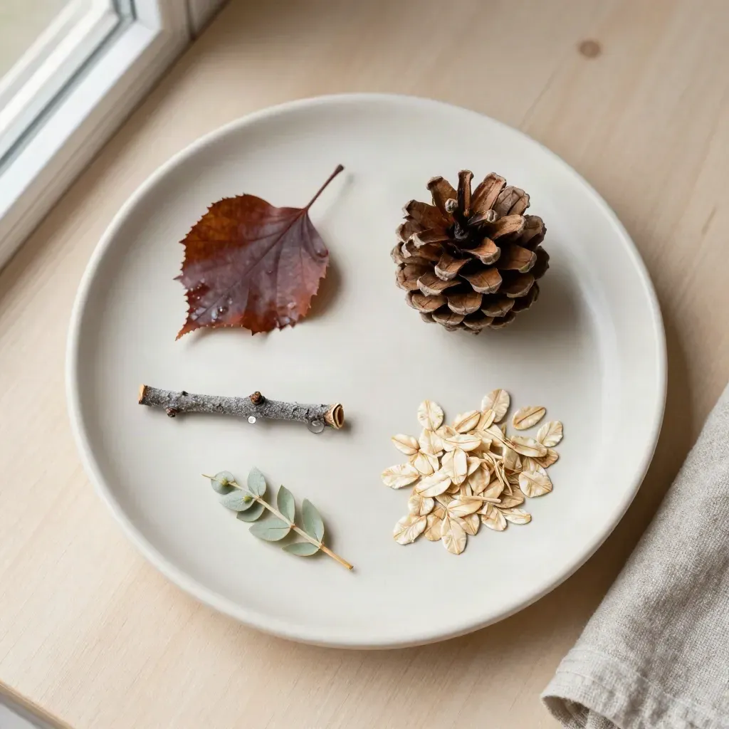Quattro reperti del bosco su piatto di ceramica con lino piegato.